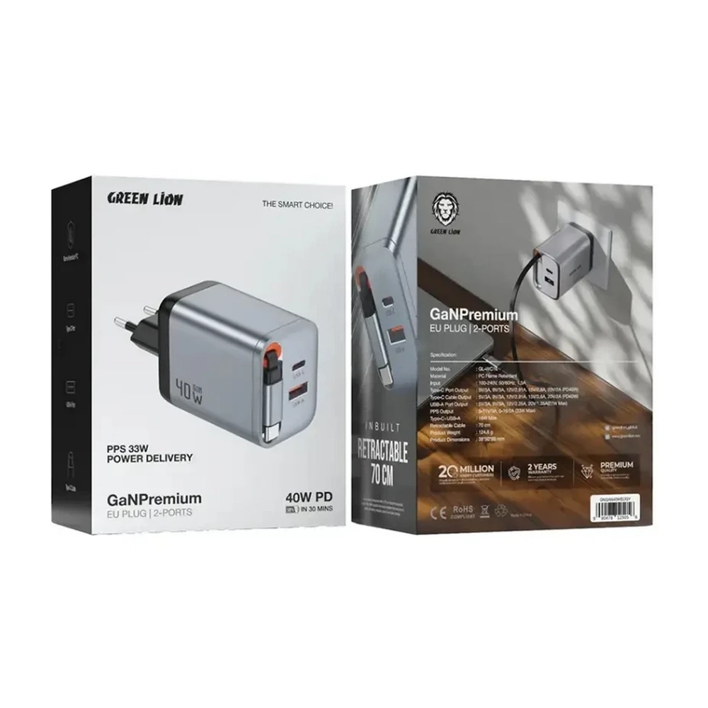 آداپتور ۴۰ وات پریمیوم گرین لاین GaN Premium EU Plug